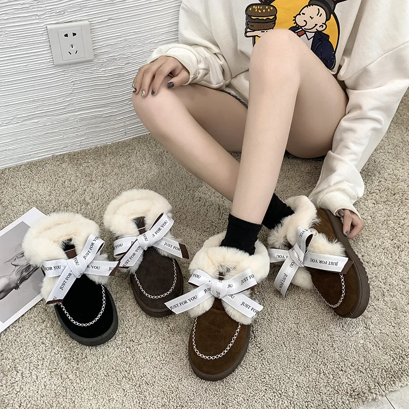 Leather Fur Integrated Snow Boot Women Winter Plush Cotton Shoe Anti Slip Ankle Boot Bow Knot Short Boot Thickened Women Shoe