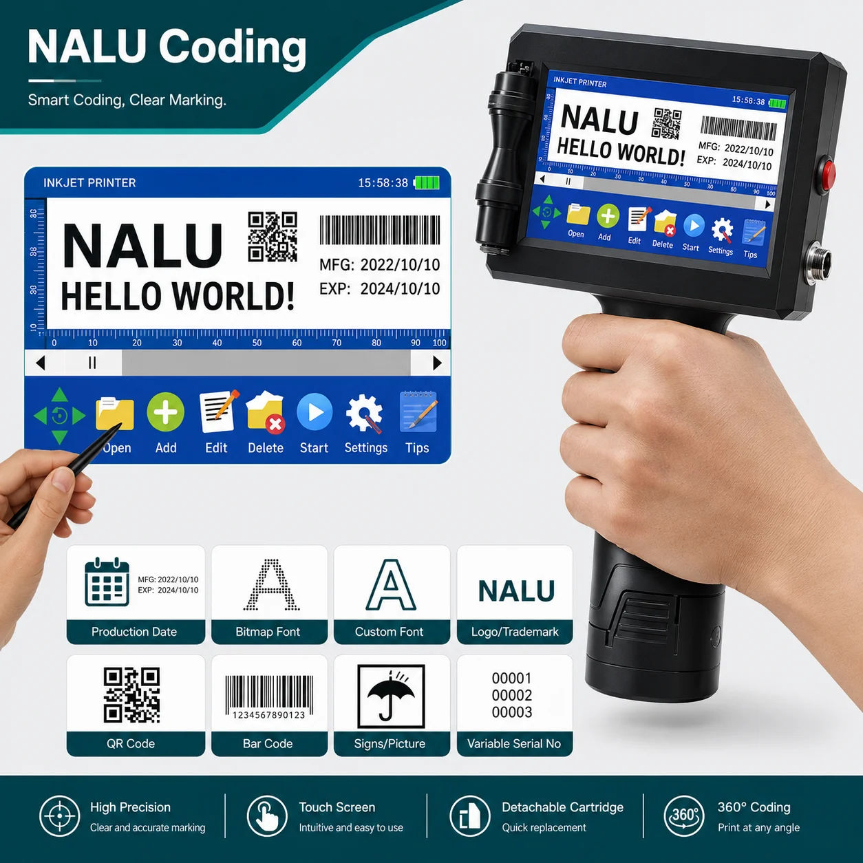 QR Bar Batch Code Date Number Logo Expiry Date Label Printer 12.7mm Handheld Inkjet Printer 28 Languages Portable