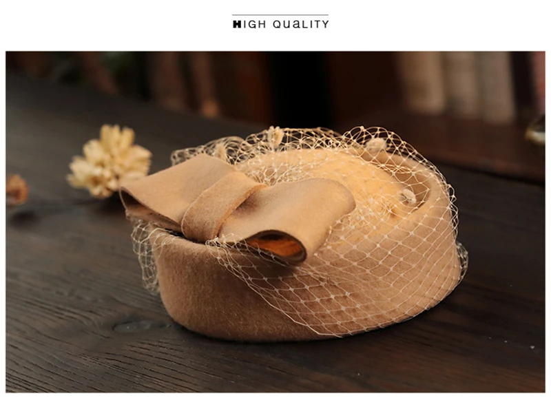 Women Wool Bow Hat with Veil, Cashmere Stewardess Cap for Winter,Celebrity Style Party Wedding Fascinator Hat for Women Ladies