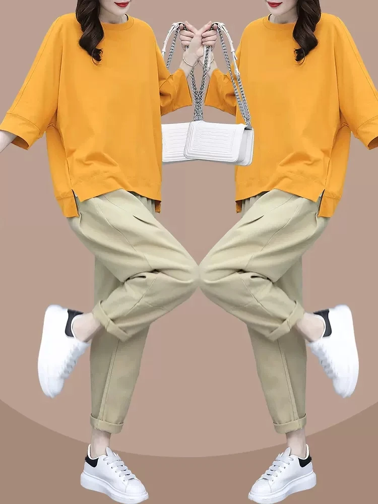 

Casual Slimming Faion Set for Women Summer New Sle plus Size Conceal Meat Top Trendy Anti-Aging Two-Piece Set Slightly Plump