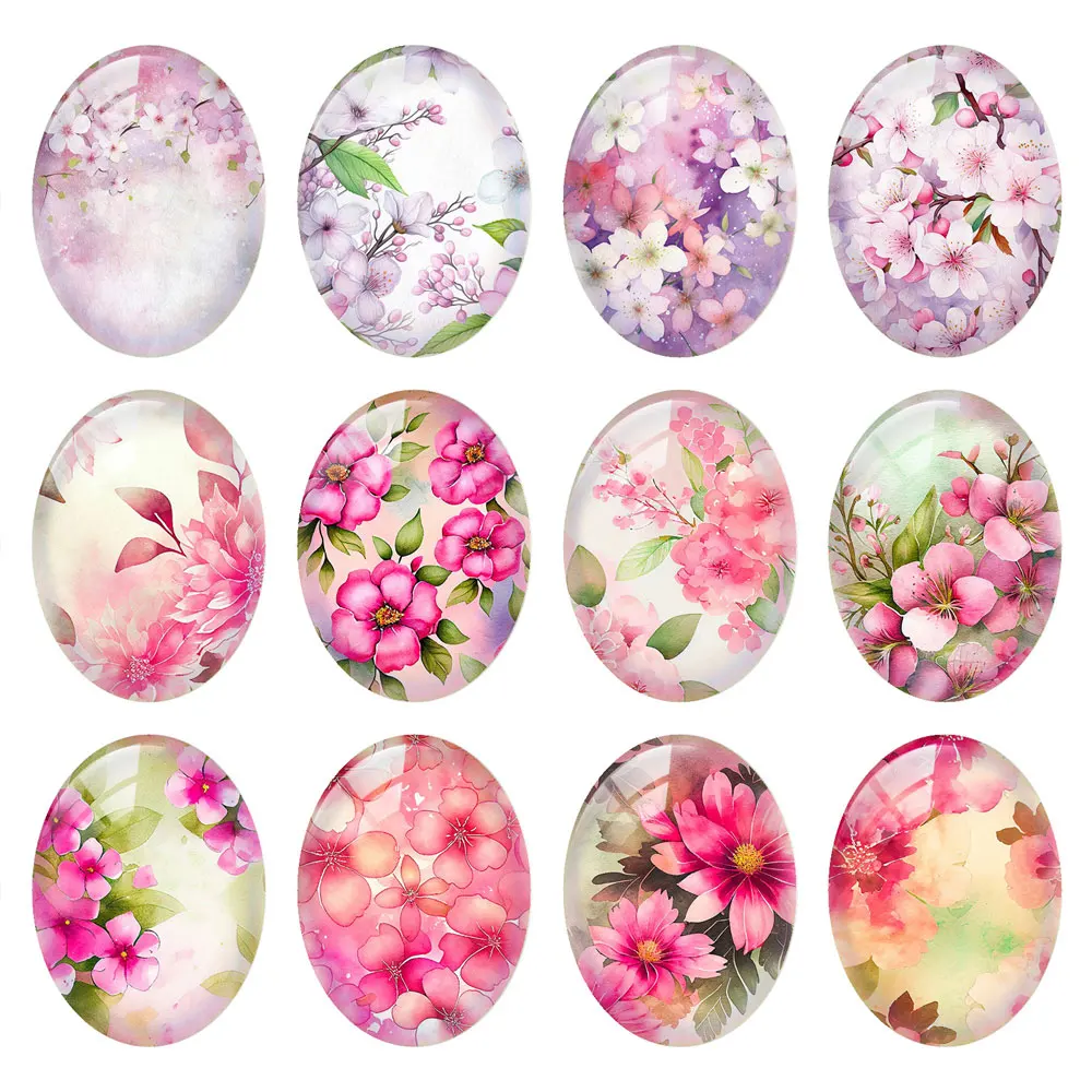 10pcs/lots FLower Plum Blossom Spring Oval Photo Glass Cabochon Charms Demo Flat Back Cameo For Diy Jewelry Making Accessories