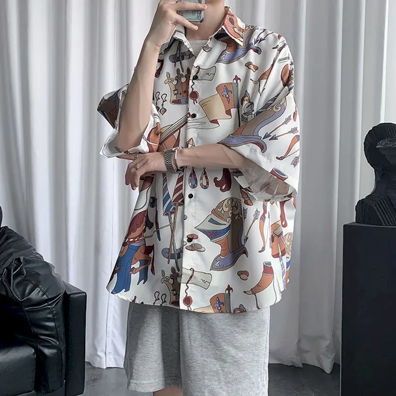 Men's Shirt Handsome Korean Cartoon Print Short Sleeve Shirts Five-point Sleeves T-shirt Summer Thin Mens Clothing Button Up Top