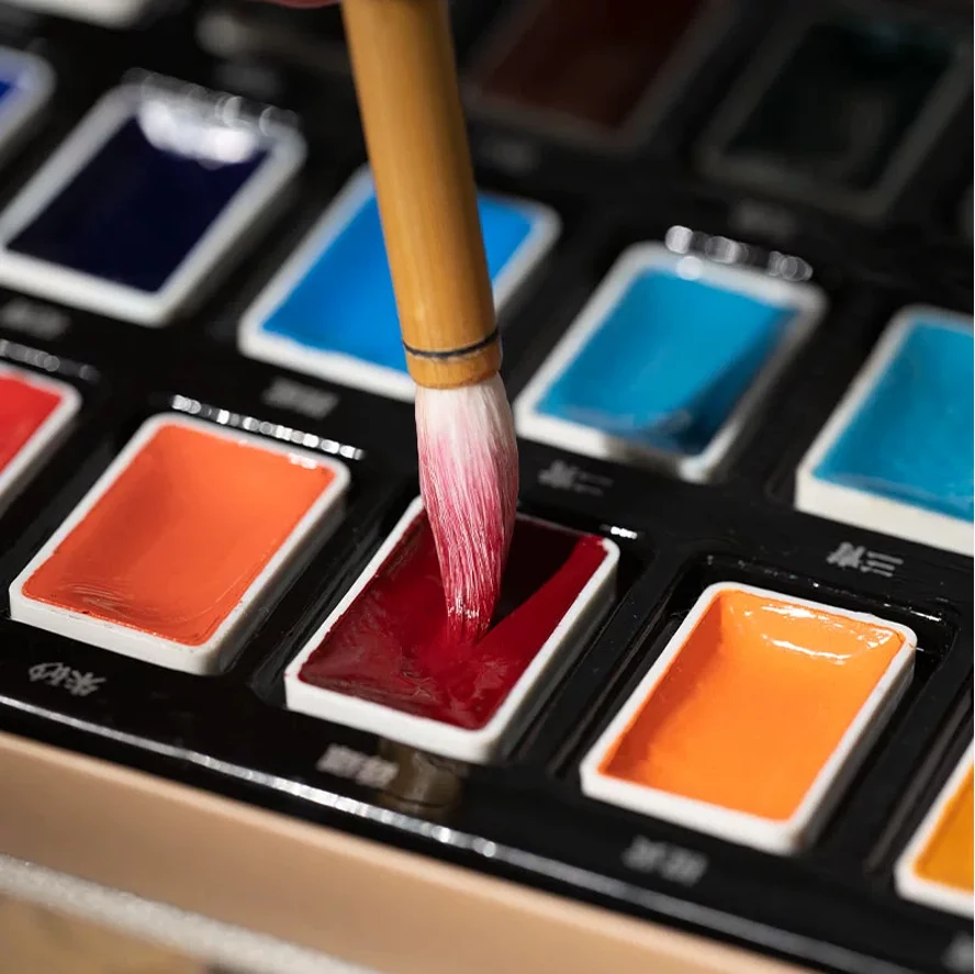 Complete Beginner Kit for Chinese Painting: 12/24 Color Solid Ink Cakes, Traditional Mineral Watercolor Set with Brush Art Tools