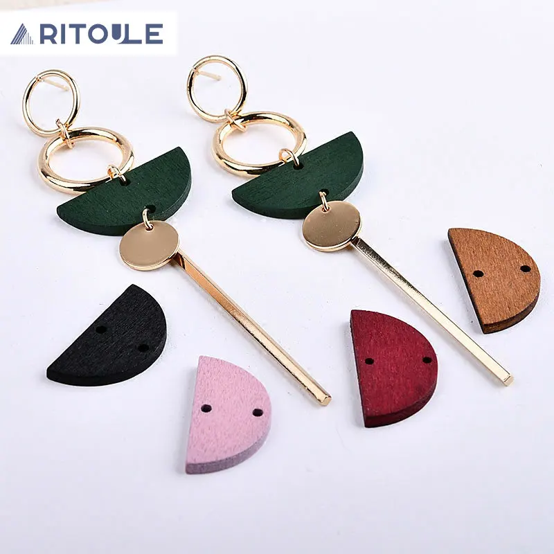 Simple Exaggerated Geometric Wood Round Semicircle Double Hole Earring Ear And Ear Accessories DIY Handmade Material