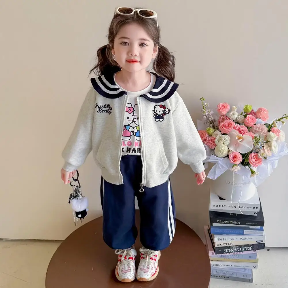 

Sanrio Hello Kitty Girls Autumn Navy Collar Set 2025 New Children's Cartoon Sweatshirt Jacket Casual Pants Academy Style 2Pc Set