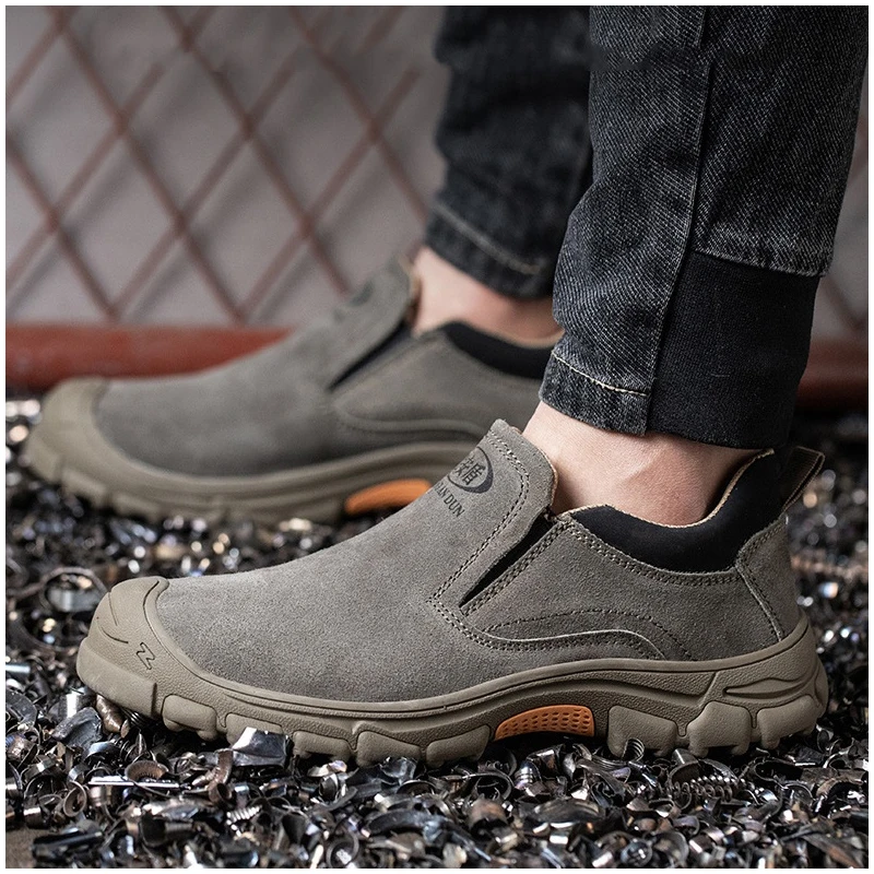 

big size mens casual steel toe caps work safety shoes slip-on cow suede leather security boots worker welding footwear protect