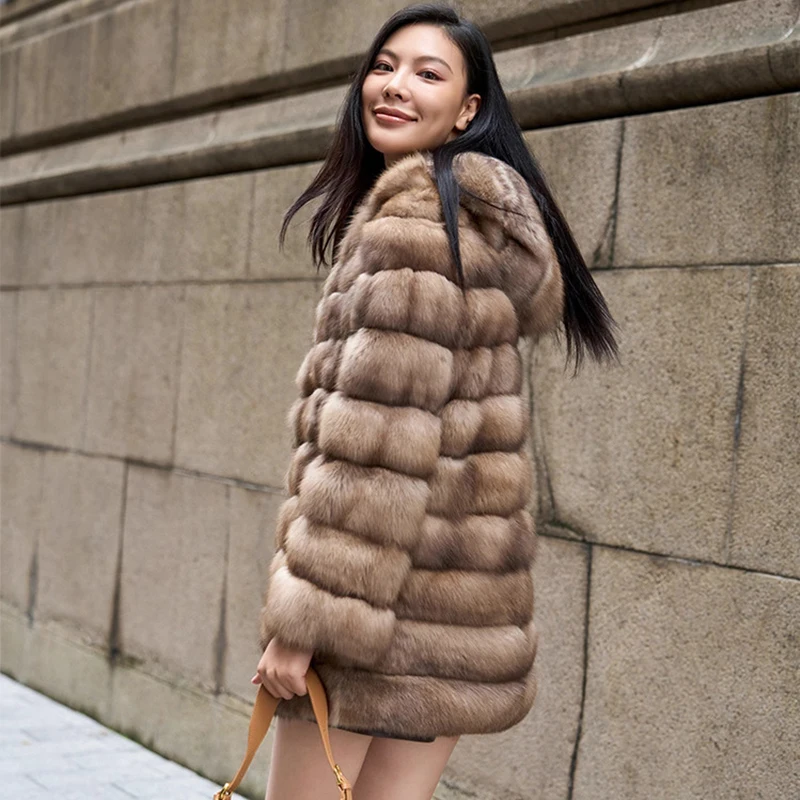 Ftangaiur Winter Import Russian Sable Fur Coat With Fur Hood Sable Coat Women Long Sleeve Short Natural Real Sable Fur Coats