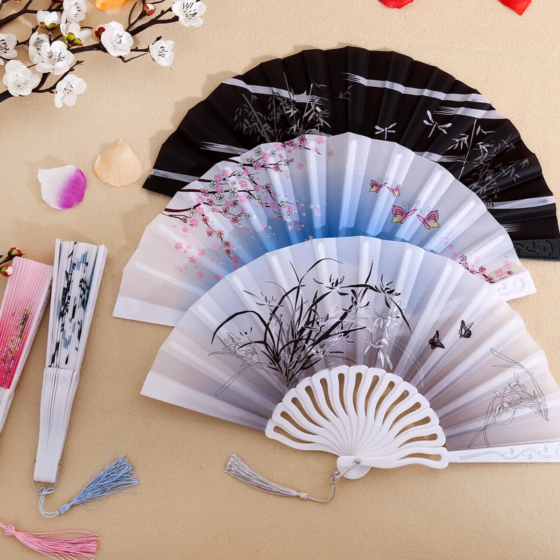 1PC Chinese Style Folding Fan Exquisite Folding Fan Plastic Fan Antique Folding Fan with Tassels Summer Lightweight Dance Fan