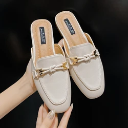 New Summer Fashion Metal Buckle Woman Shoes Half-drag Muller Shoes Women Wear Flat Slippers And Leather Toe-covered Sandals