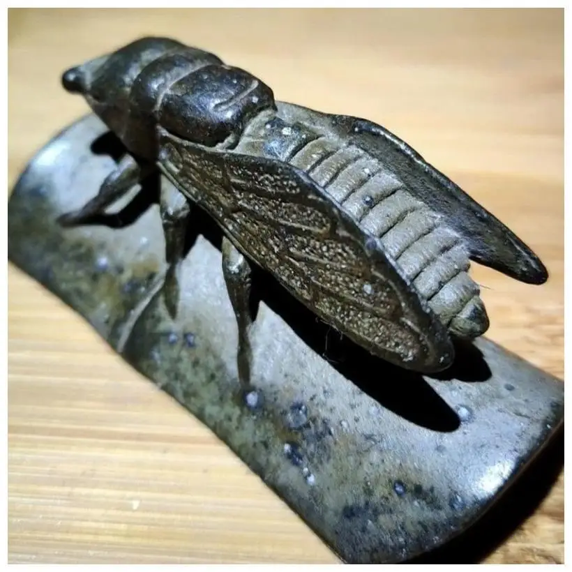 Vintage Solid Copper Cicada on Bamboo Sculpture Auspicious Home Decor & Tea Pet