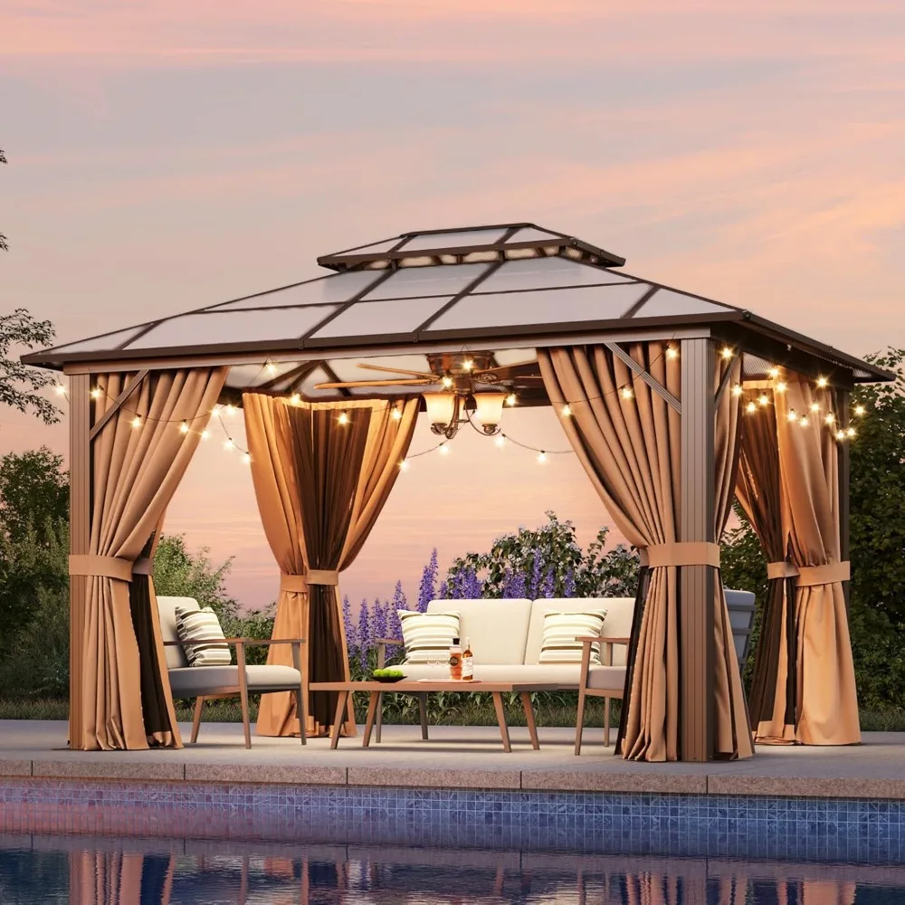 

Hardtop Gazebo, Aluminum Frame Permanent Pavilion with Netting and Curtains, Outdoor Polycarbonate Double Roof Canopy