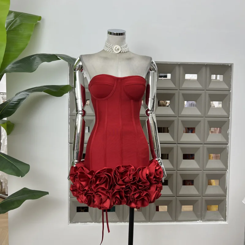 

Knitted bandage elastic fishbone trimmed waistband strapless dress three-dimensional flower ultra short American style