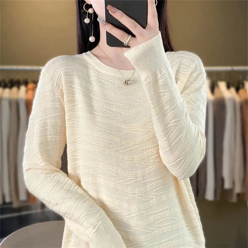 Spring Autumn Round Neck Solid Color Pullover Lantern Long Sleeve Women\'s Clothing Casual Sweater Knitted Screw Thread Tops