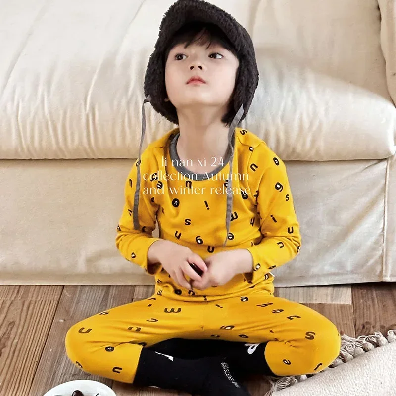 

2024 Two Piece Set Children Boy Home Clothes Girl Children's Printed Round Neck Cute Pajama Set Long Sleeves Top Casual Pants