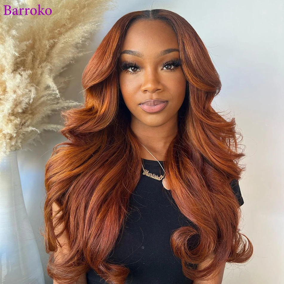 Barroko Ginger Orange Lace Front Wigs Human Hair 34 Inch Body Wave Transparent Lace Frontal Wig 180% Density Remy Hair For Women