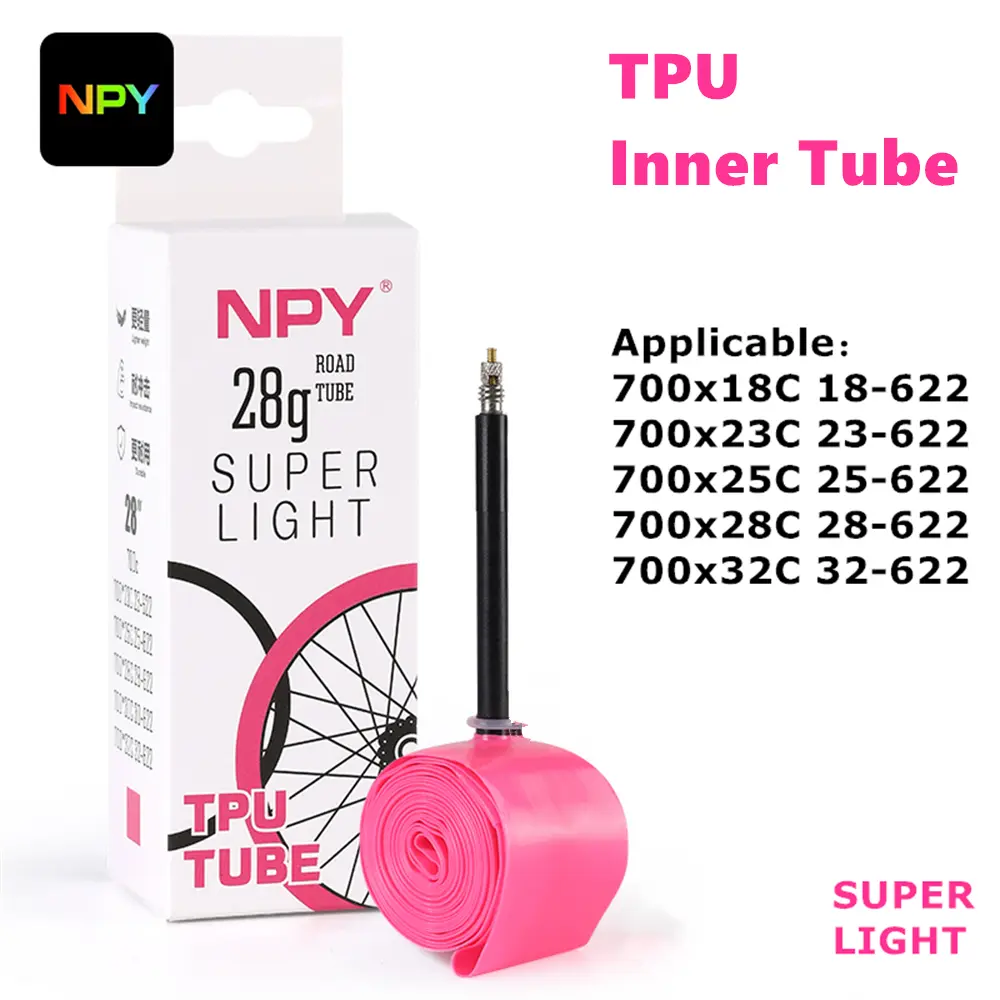 Npy 1 pçs ultraleve 28g bicicleta tpu tubo interno 700x18 25 28 32 bicicleta de estrada tpu material pneu 65mm comprimento válvula francesa