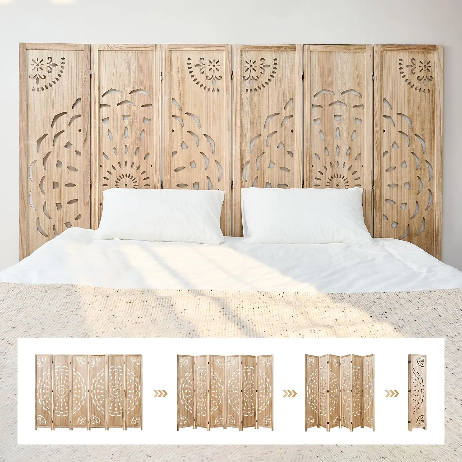 66.9Inch 6-Panel Wooden Room Divider Boho Space Separator Home Office Headboard Yoga Photo Video Backdrop, Customized