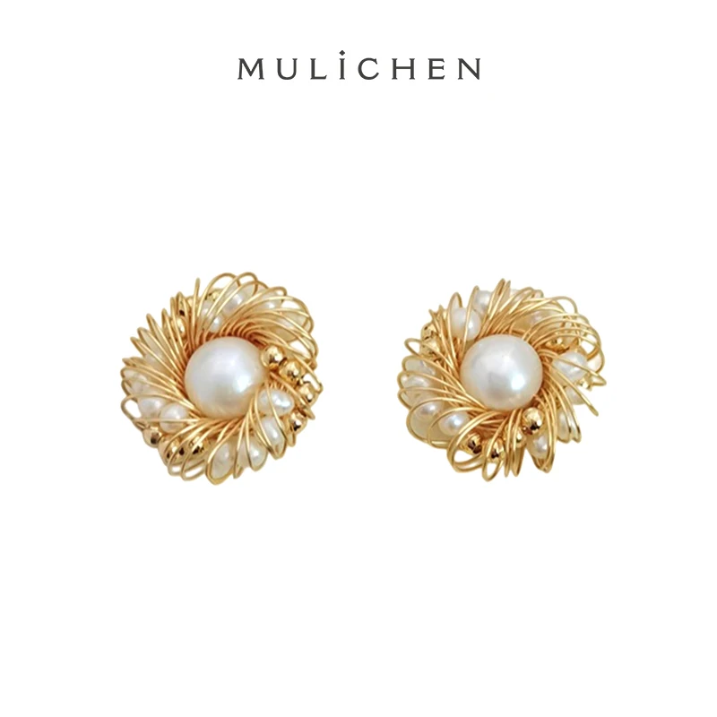 

MULICHEN 8-9mm Flower Freshwater Pearl Women Earrings Plated 14K Gold Wire Winding Pure Handmade Stud Earrings Fashion Jewelry