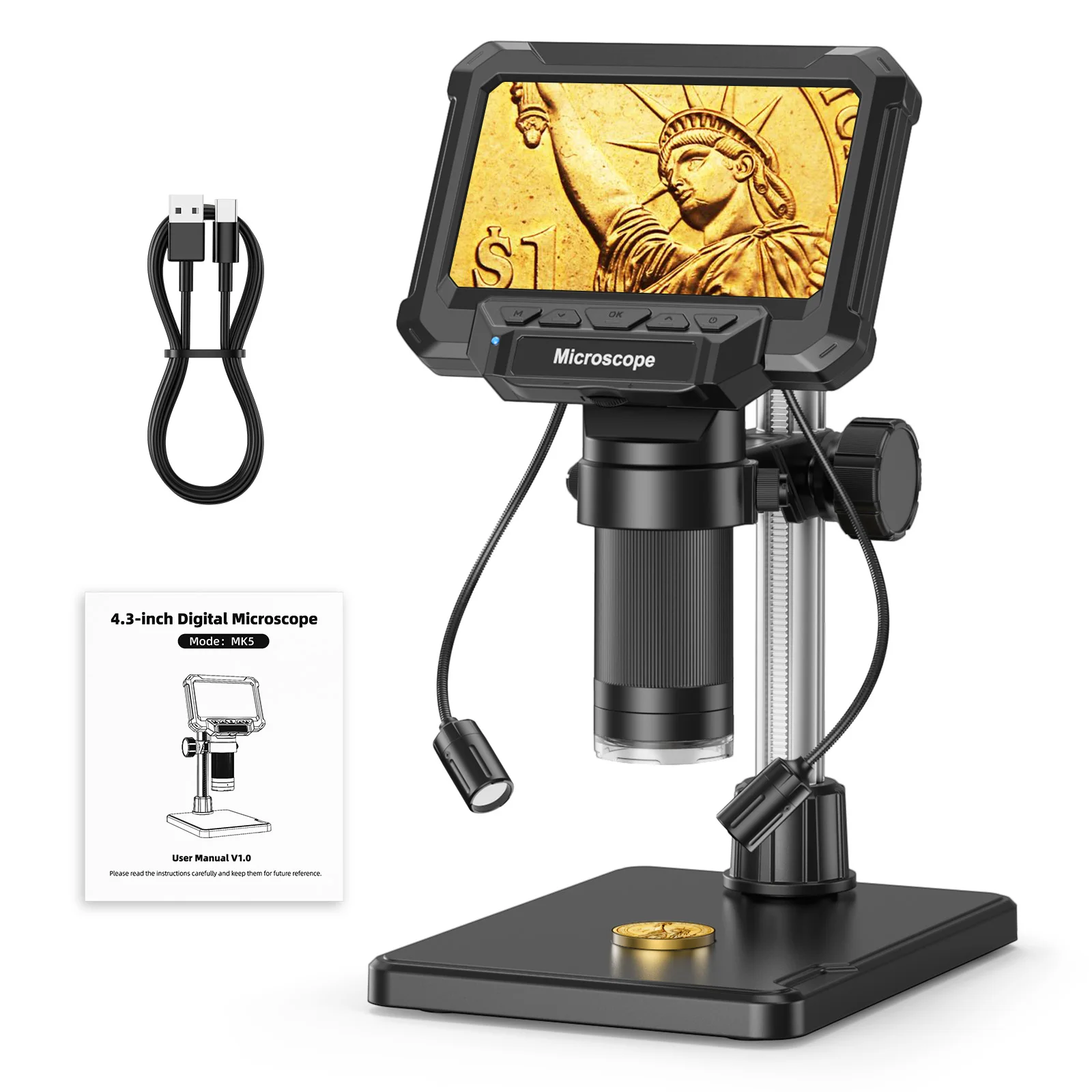 Digitale microscoop met 4,3 inch IPS-scherm 1600X muntspieroscoop met verlichting 1920P HD videomicroscoop voor PCB, munten, planten