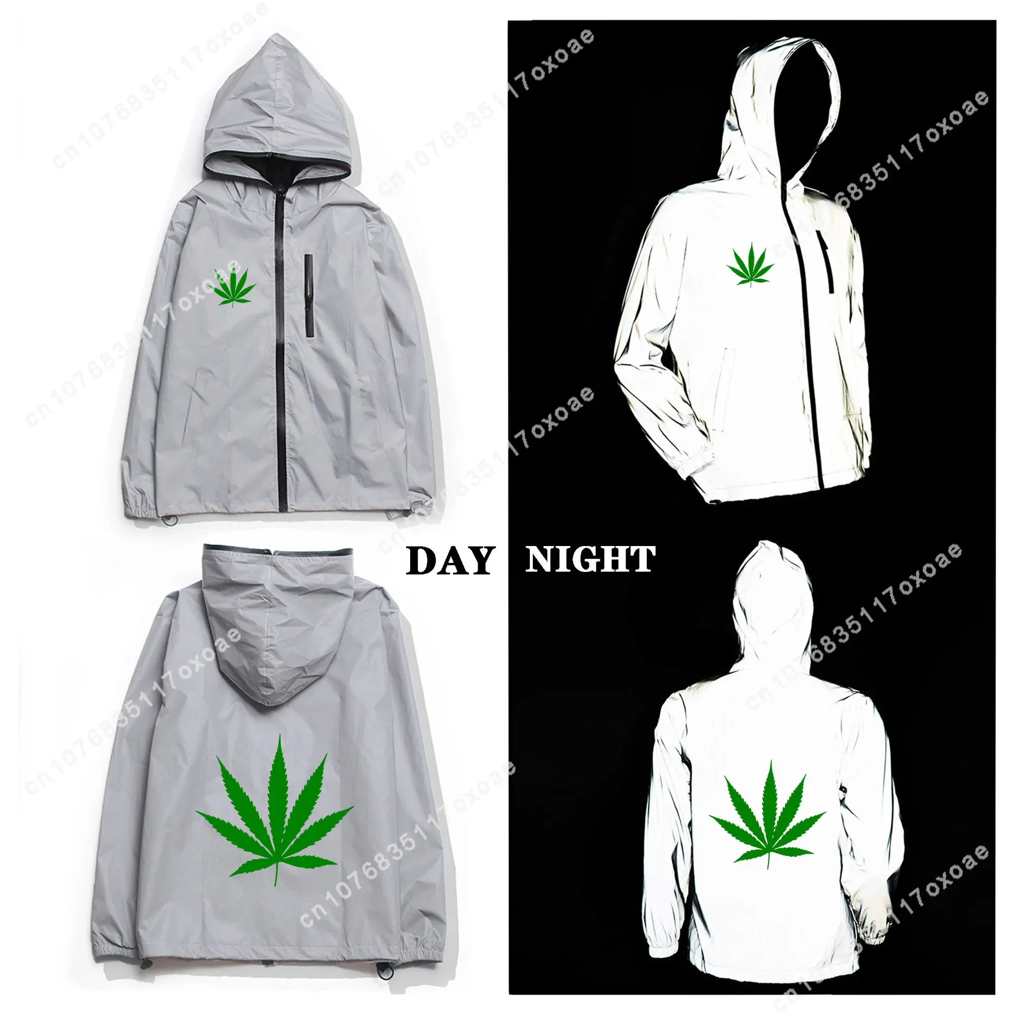 Weed Leaf Cannabis Marijuana Reflective Jacket Mens Womens Coat Hooded Windbreaker Pocket Jackets Manga Customization Hoodie