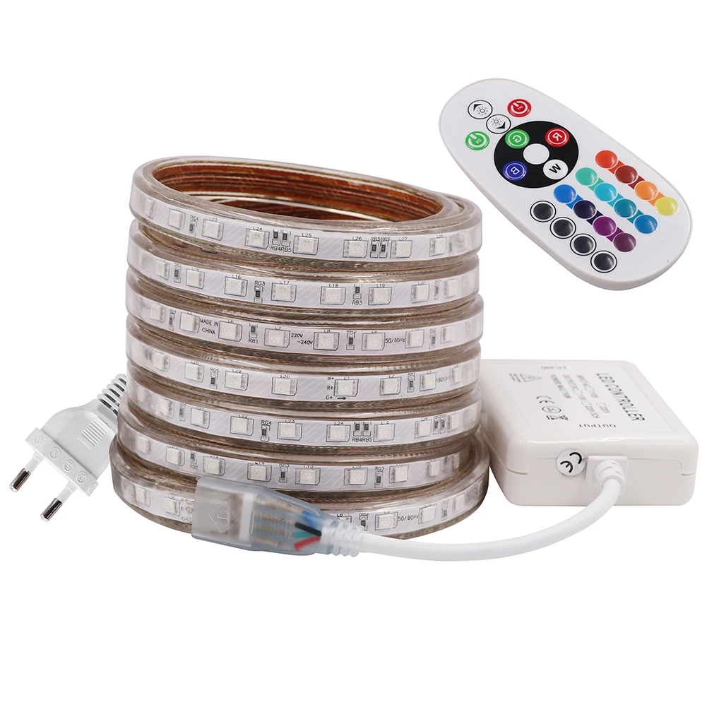 

RGB LED Strip Light AC220V SMD5050 Flexible Waterproof LED Tape 60LEDs/m WiFi Bluetooth Control Ribbon for Home Holiday Decor EU