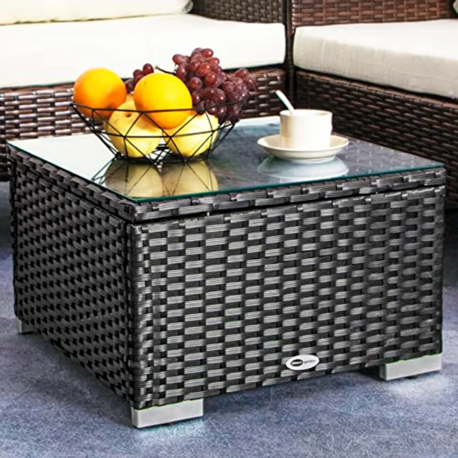 Outdoor Coffee Table Wicker Patio Side Table with Glass Top