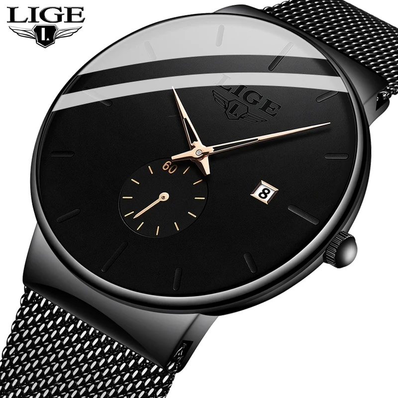 LIGE 2024 Fashion Mens Watches Top Brand Luxury Quartz Watch Men Casual Slim Mesh Steel Waterproof Sport Watch Relogio Masculino