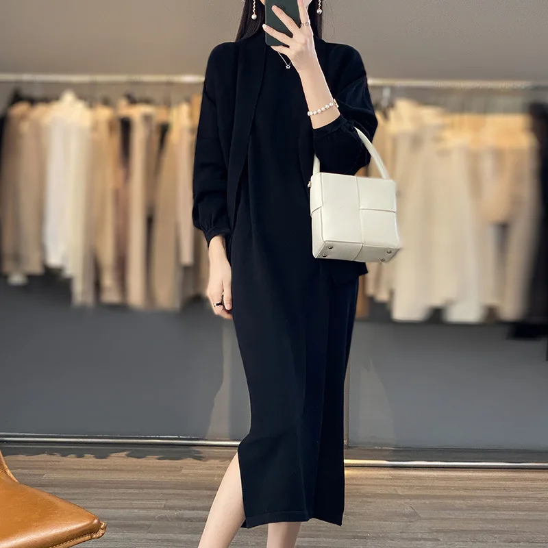 woman clothes zipper cardigan and Ankle Maxi Length long dress nature fiber  ribbing fabric clothing