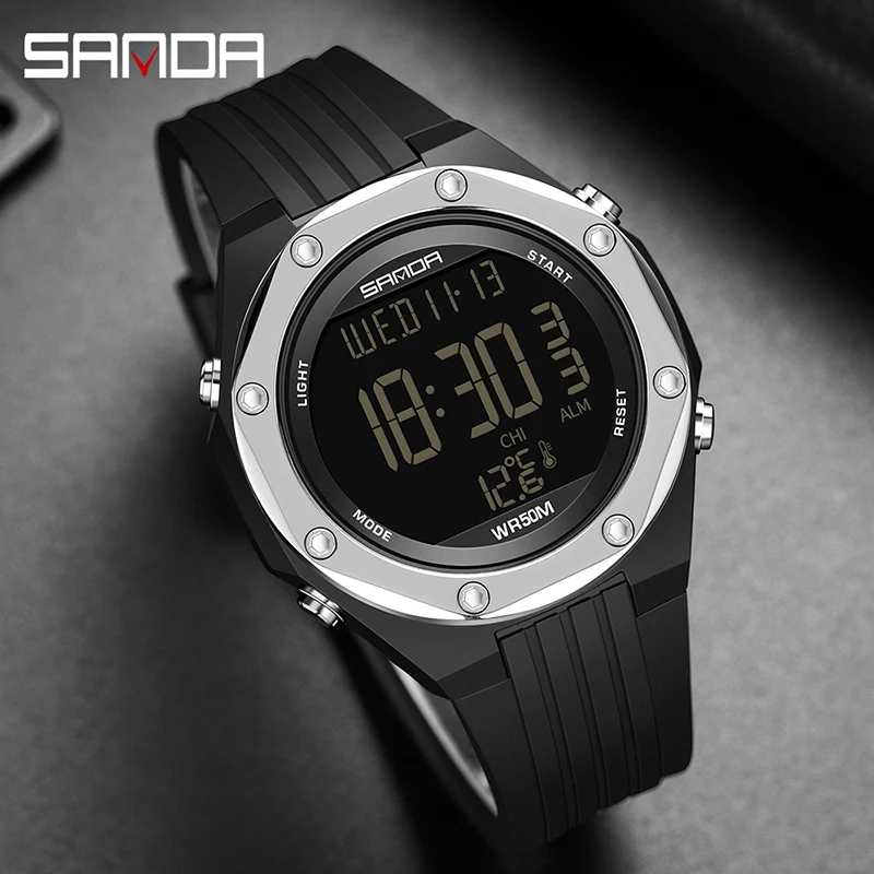 

SANDA 2023 New Men Watch Luminous LED Body Temperature Detection Multi-Function Timer Alarm Clock 50M Waterproof Reloj Hombre