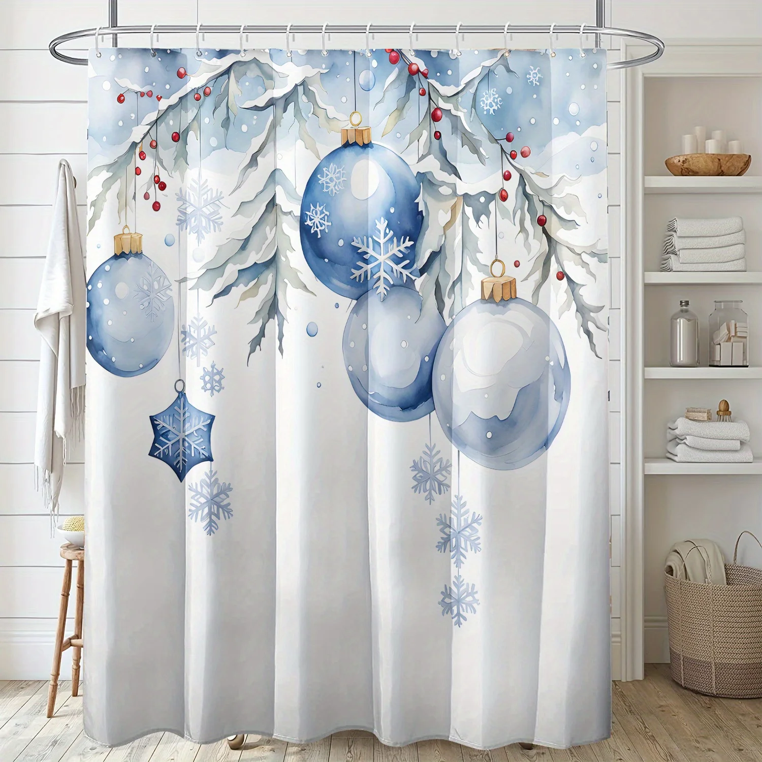 Christmas Blue Ball Snowflake Printed Shower Curtain, High Quality Polyester Fabric with Hooks