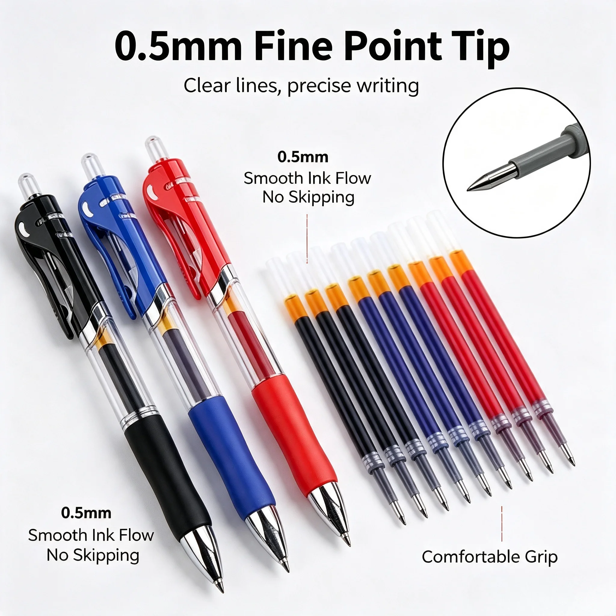 13Pcs Set Ballpen Retractable Gel Pens Black Red Blue Ink 0.5mm Ballpoint Replaceable Refills Office School Supplies Stationery