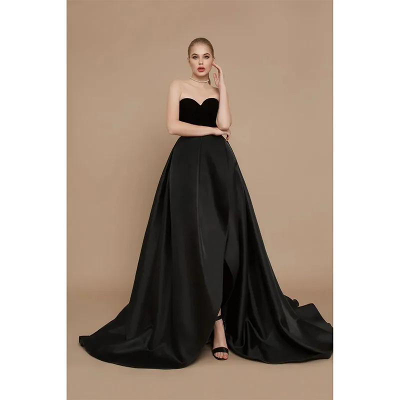 Black Evening Dress 2024 Satin Side Split Sweetheart Sweep Train A Line Prom Dress Party Wear Sleeveless Formal Gowns