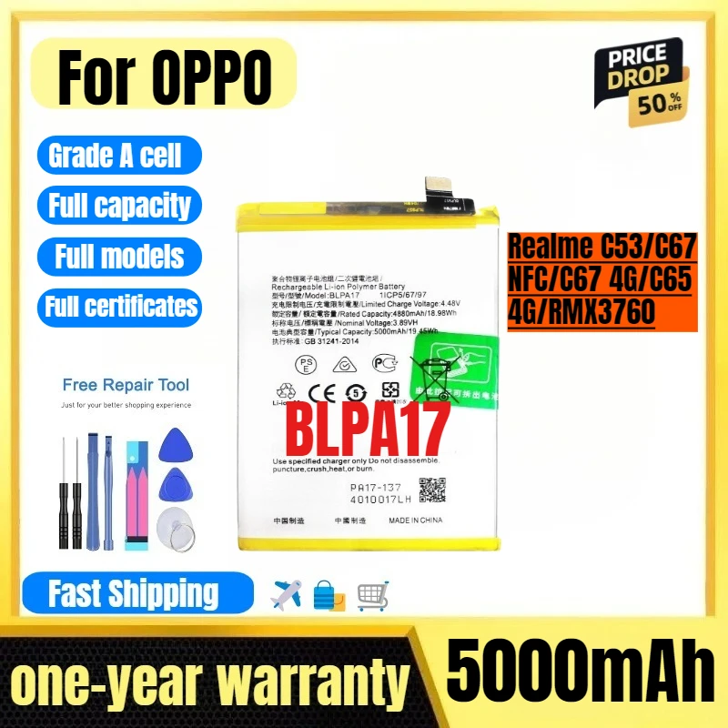 

BLPA17 for OPPO Realme C53/C67/NFC/C67 4G/C65 4G/RMX3760 Phone Battery High Quality High Capacity Replacement Bateria Grade A