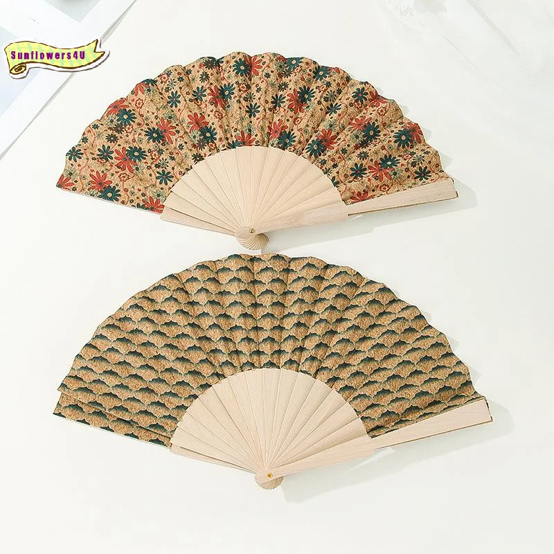 Vintage Bohemian Style Cork Folding Fan Props Graft Gift Hand Held Fan Home Decor Wooden Folding Fan