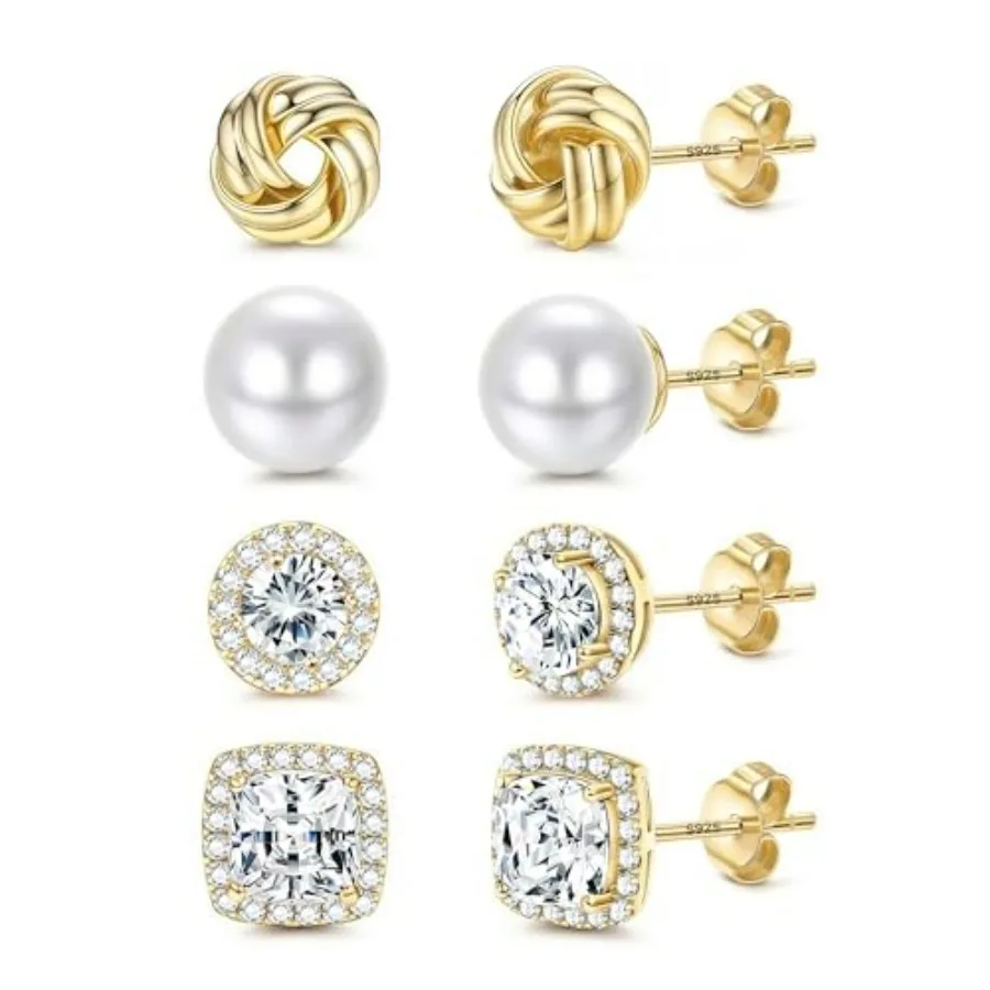 

FIBO STEEL Hypoallergenic Stud Earrings for Women - 4Pairs Sterling Silver Earrings 14K Gold Plated Big Simulated Pearl Love Kn