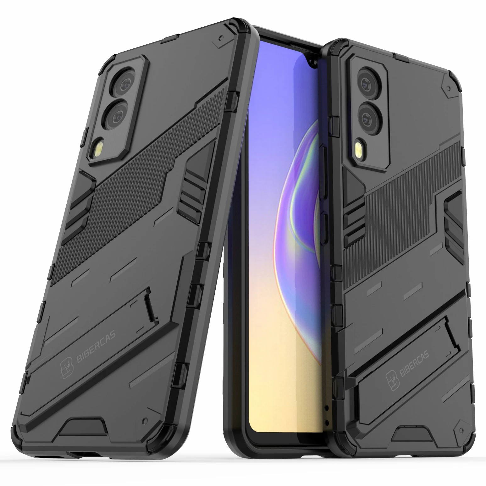 

Hybrid Impact Anti-Slip Hard PC Soft TPU Shockproof Protective Case with Kickstand for vivo V21e 5G - Black
