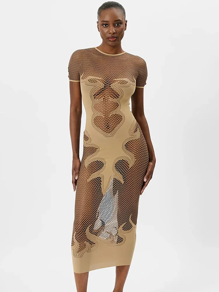 Abito patchwork in rete Donna Wild Flame Stampa O-Collo Manica corta Midnight Hottie Skinny Party Clubwear Lungo aderente