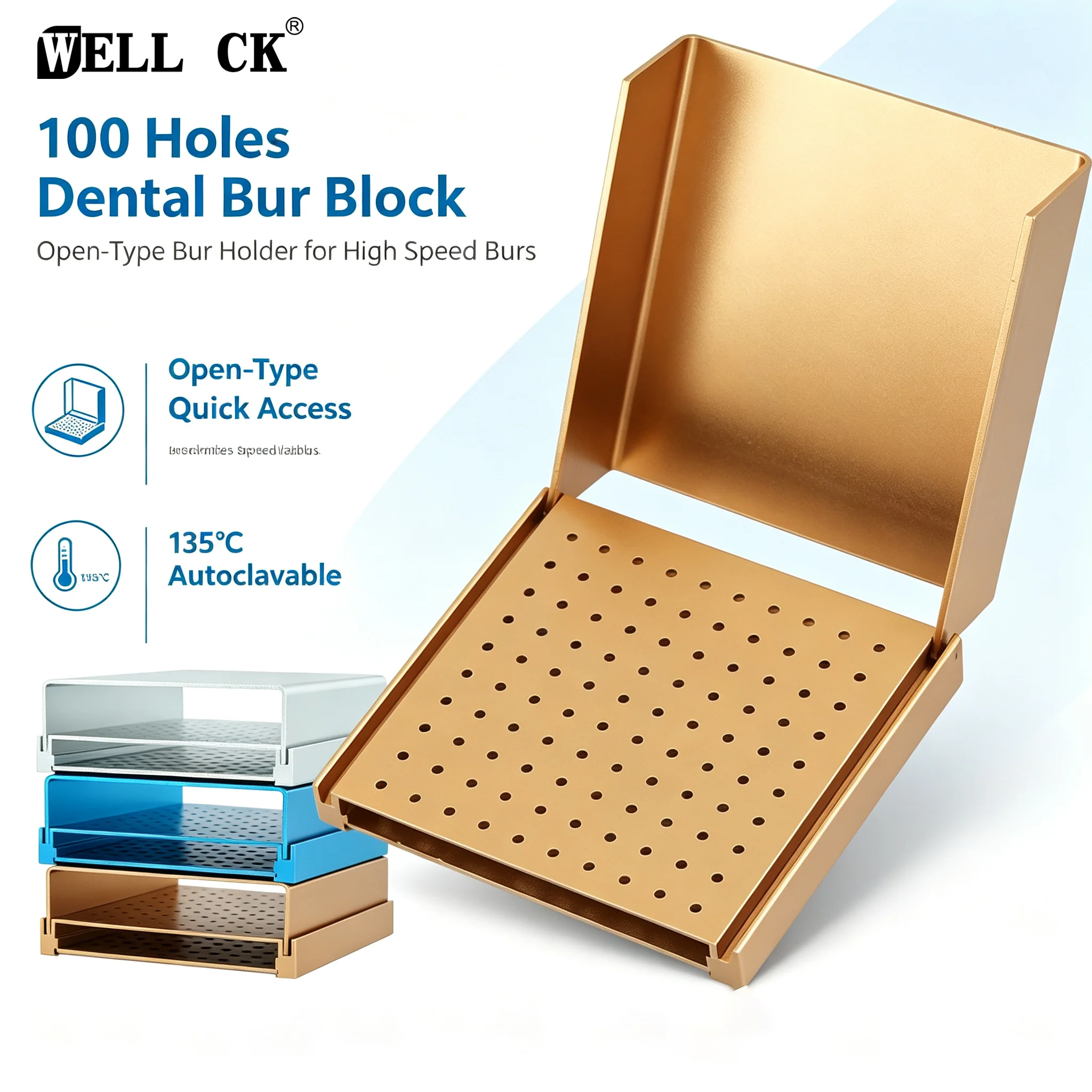 WELLCK Dental 100 Holes Metal Stand Holder Autoclave Sterilizer High Speed Bur Storage Organizer High Temperature Sterilizable ﻿