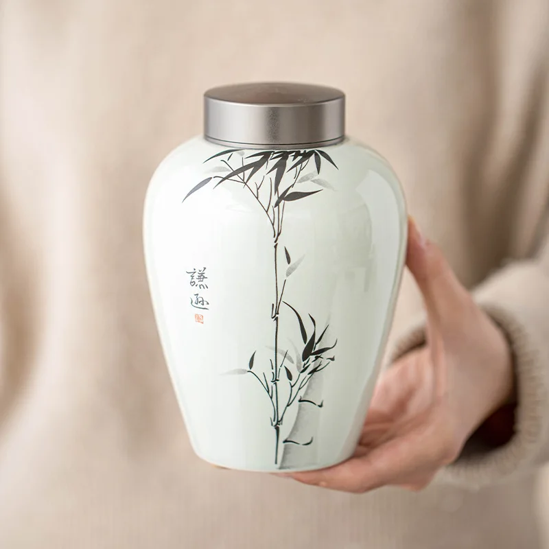 Plant Ash Tea Cans, Ink Bamboo Tin Cover Storage Cans, Large Storage Cans, Moisture-Proof Sealed Cans, Empty Cans, Ceramic Tea