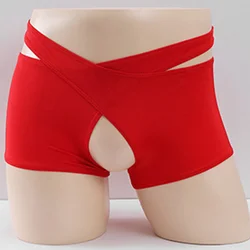 Men's Open Crotch Erotic Lingerie Shorts Sexy Crotchless Panties Cross Strap Man Thong Elastic Open Front Holeshort