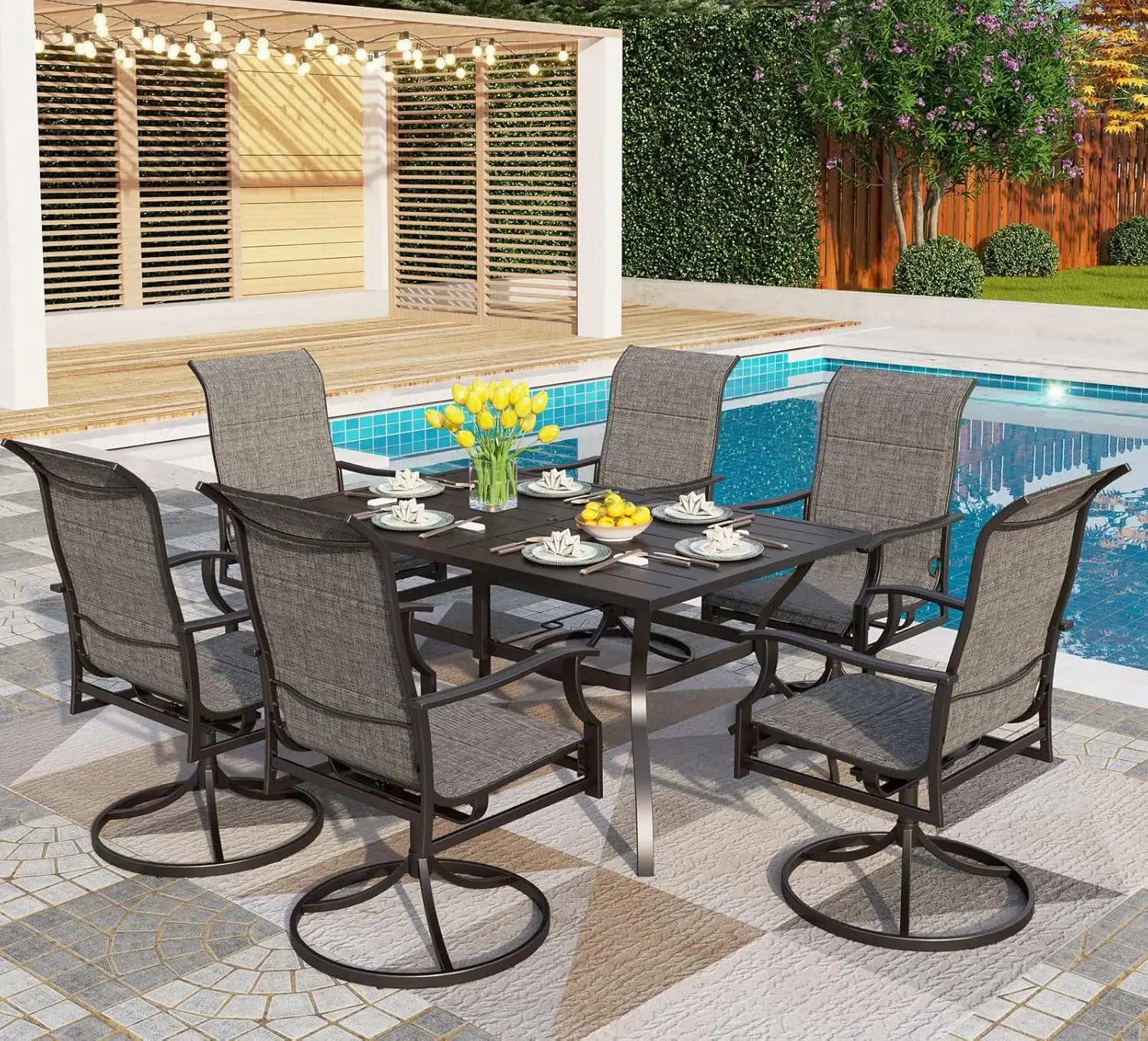 7 PCS Patio Dining Set, Outdoor Table & Chairs Set with Large Metal Table & 6 High Back Padded Outdoor Swivel Armerest Chairs