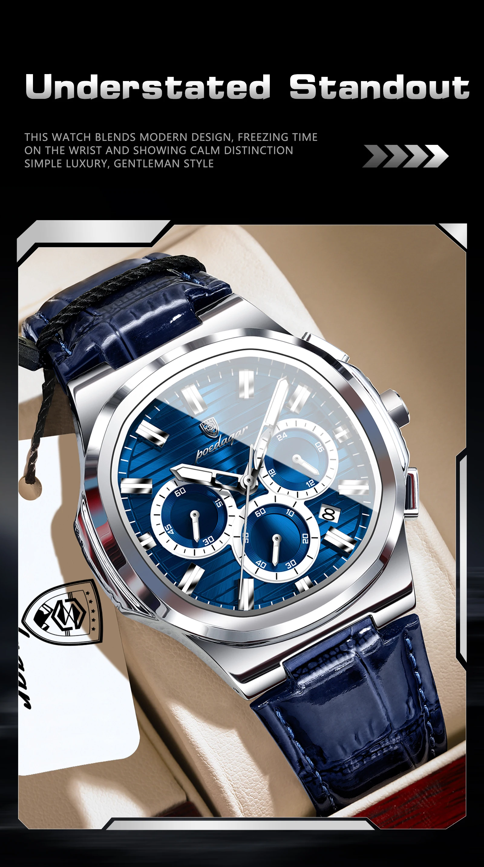 POEDAGAR Business-Herrenuhr Leder Wasserdicht Leuchtend Sport Herrenuhr Datum Chronograph Quarz Mode Herrenuhren Reloj – Detail 15