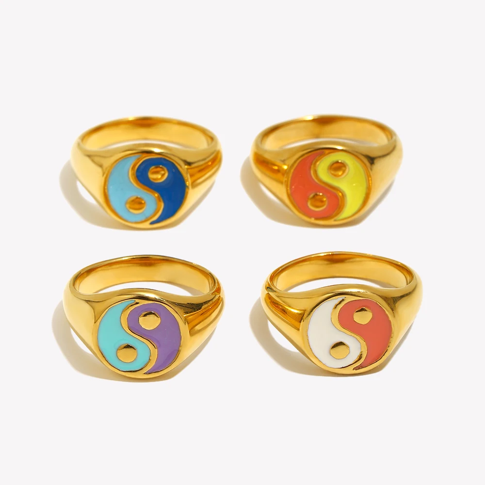

E.B.belle Summer Hot Red BlueYellow Purple Black White Colorful Balance Rings For Women Stainless Steel Gold Yingyang Ring