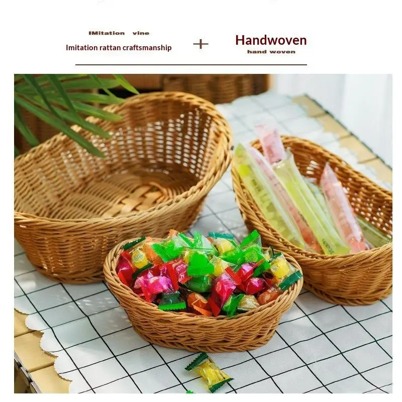 New Handwoven Plastic Rattan Basket Durable Washable For Kitchen Bread Fruits Snacks Holder