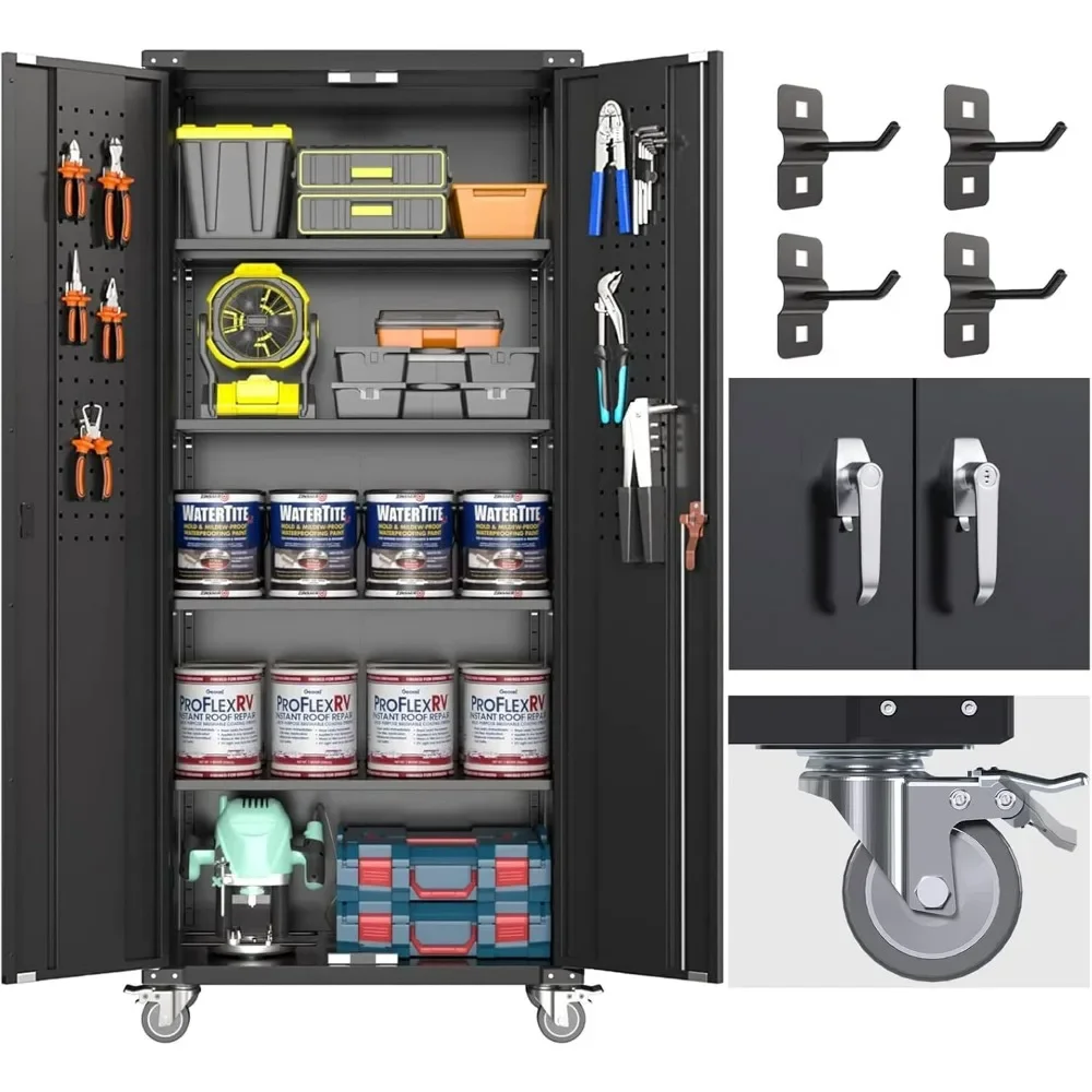 

Garage Storage Cabinet with Wheels & Pegboard, 72" H Locking Metal Storage Cabinet with Doors and Shelves, Rolling Steel Cabinet