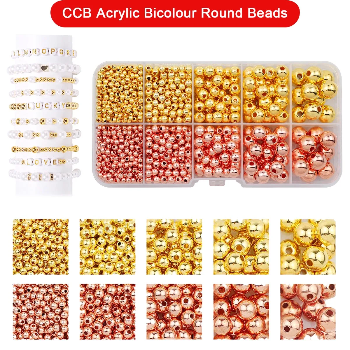 10 Gitter poliertes Acryl Roségold Farbe Perle CCB Spacer Bulk Kit Box 3/4/6/8/10 mm für Schmuckherstellung Armband DIY Zubehör