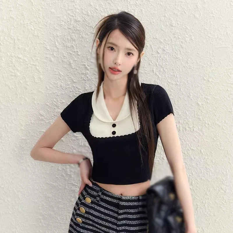 Women's Crop Top Summer Doll Collar Contrast Color Short-Sleeved T-Shirt