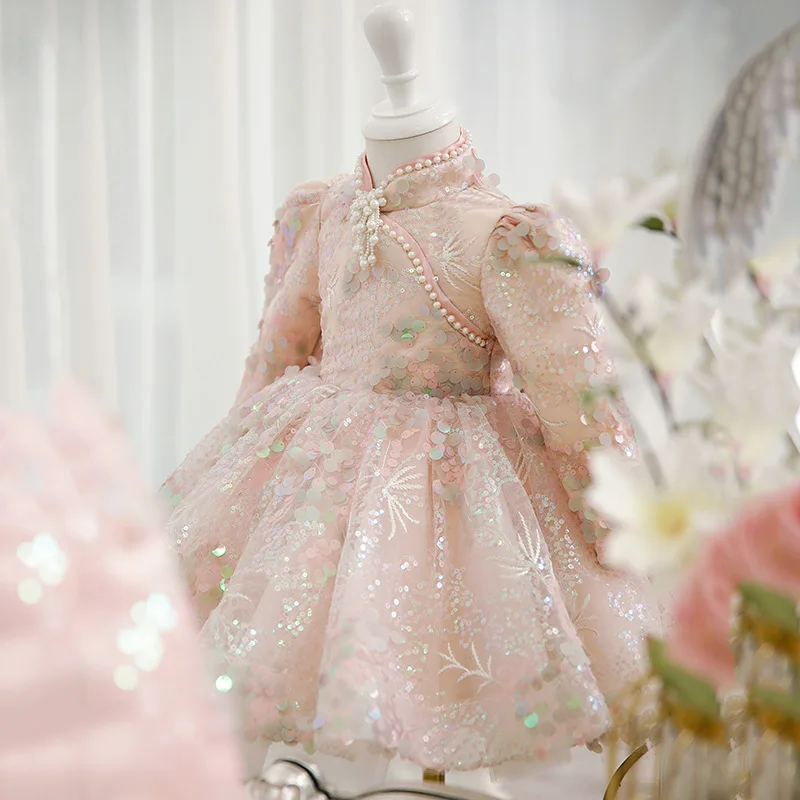 Sequined Children's Dress Princess Dress Long-Sleeved Dress Host Piano Performance Costume Flower Girl Pettiskirt