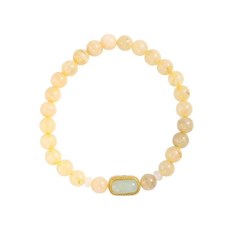 Chinese Style Rutilated Quartz Hetian Jade Peace Charm Bracelet Gold Inlaid Jade Beaded Light Luxury Jewelry Gift