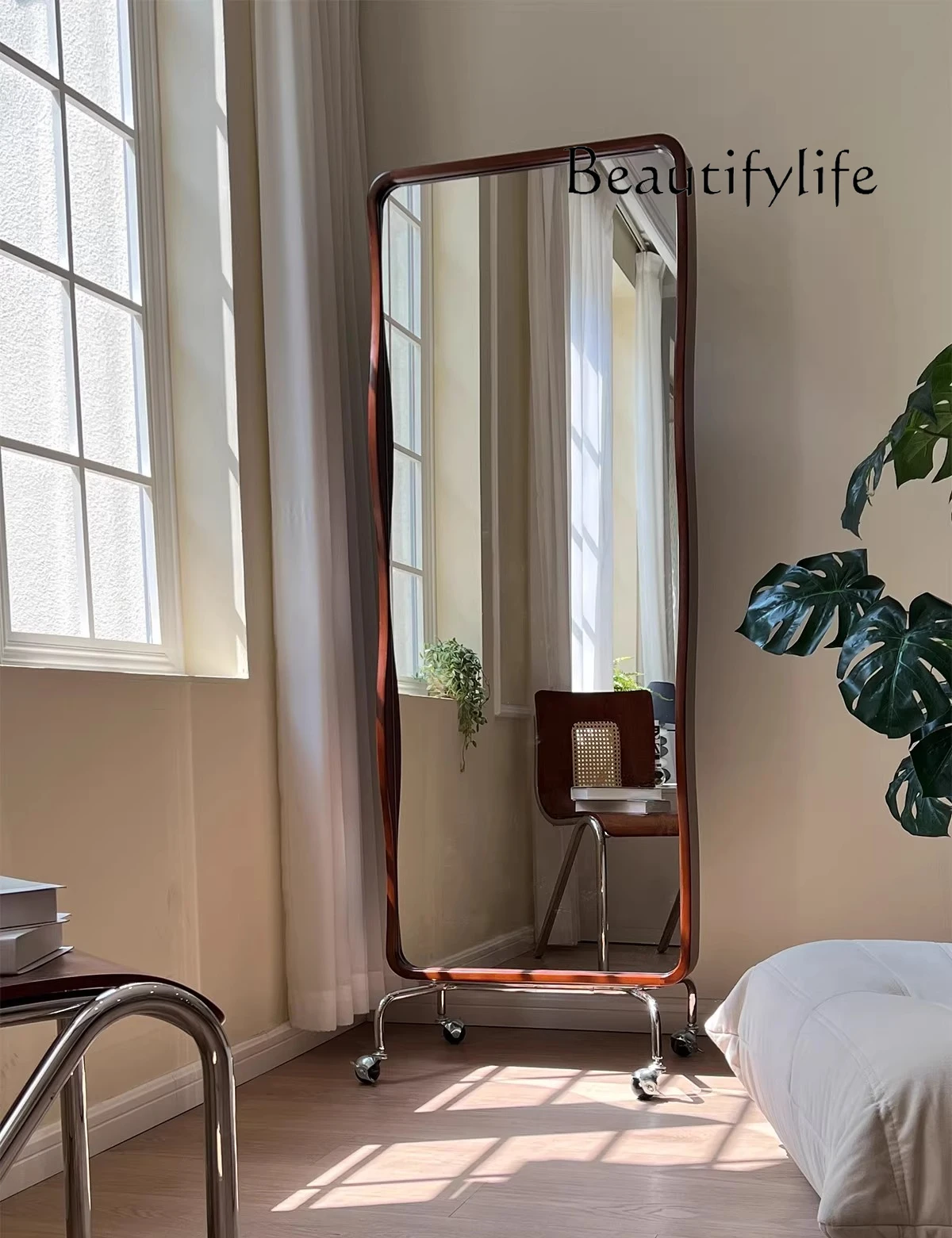 

Retro solid wood wave try-on full-length mirror floor-to-ceiling French household full-body mirror mobile storage